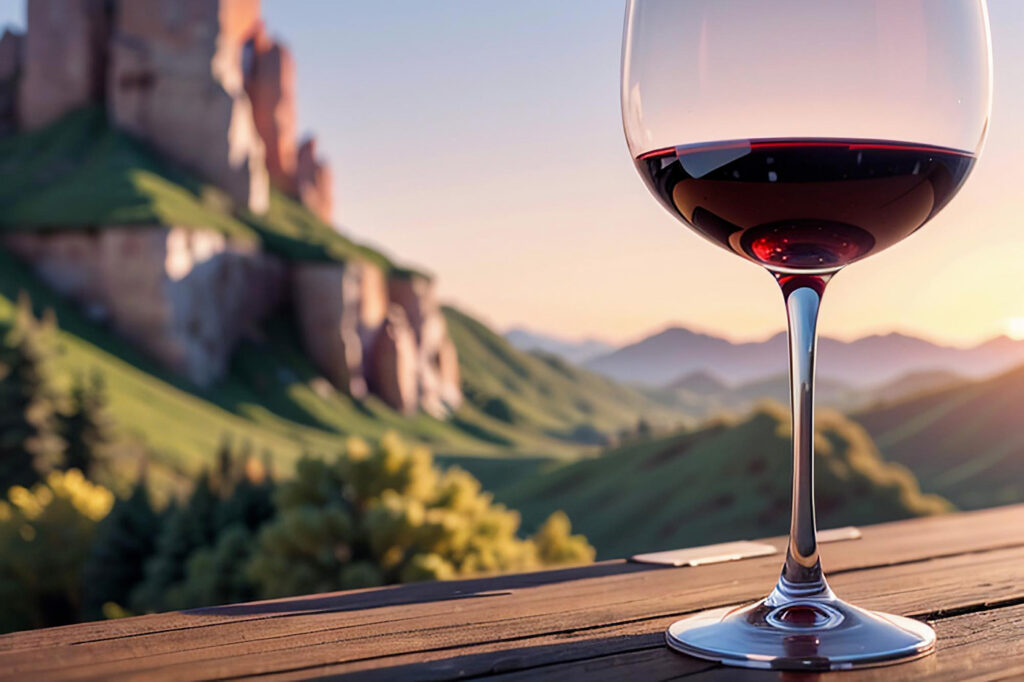 calice di vino su sfondo di colline